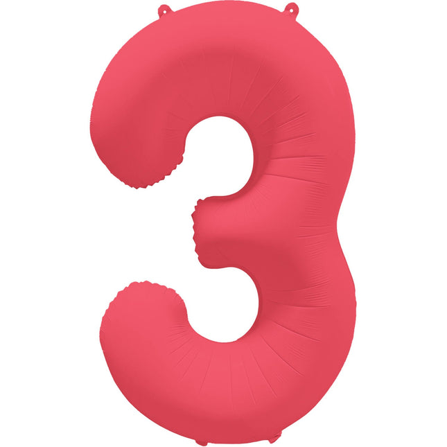 Cijferballon - NEON rood - cijfer 3 - 86 cm