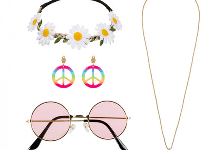 Hippie setje de luxe (hoofdband, partybril, oorbellen en ketting)