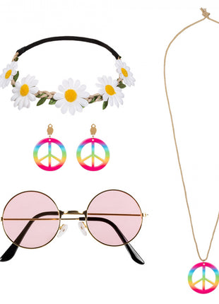 Hippie-Set de Luxe (Stirnband, Partybrille, Ohrringe und Halskette)