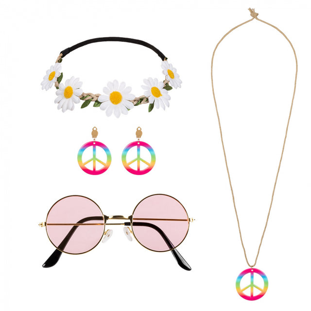Hippie setje de luxe (hoofdband + partybril + oorbellen en ketting)