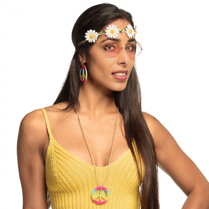 Hippie setje de luxe (hoofdband + partybril + oorbellen en ketting)