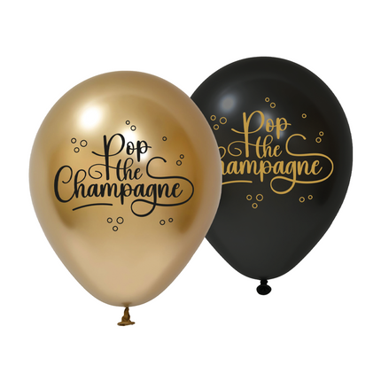 Pop the Champagne ballonnen - 8 stuks - 30 cm - goud en zwart