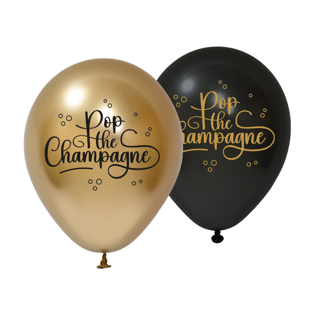 Pop the Champagne ballonnen - 8 stuks - 30 cm - goud en zwart
