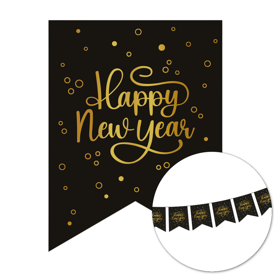 Happy New Year slinger - 6 meter - goud en zwart - Golden Celebrations