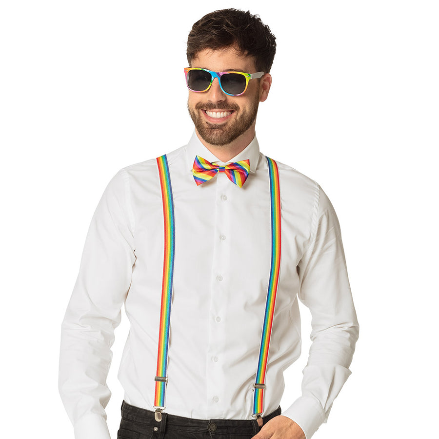 Accessoireset regenboog - partybril + vlinderstrik & bretels