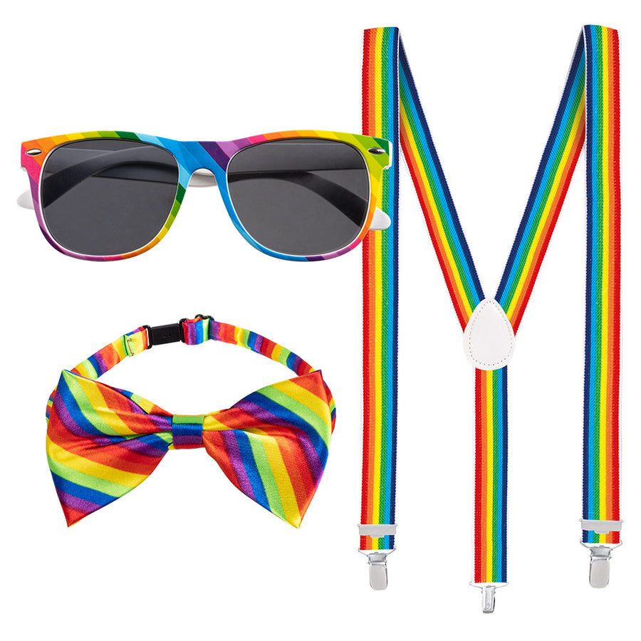 Accessoireset regenboog - partybril + vlinderstrik & bretels
