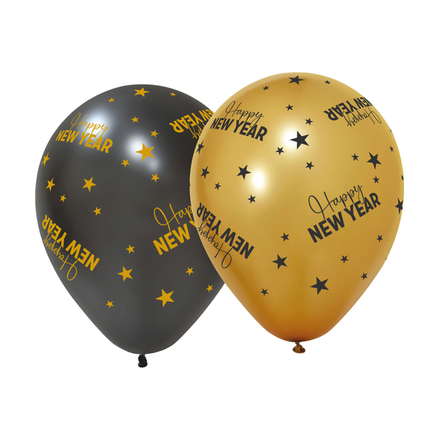 Happy New Year Ballonnen - 6 stuks - 30 cm - goud en zwart - Golden Celebrations