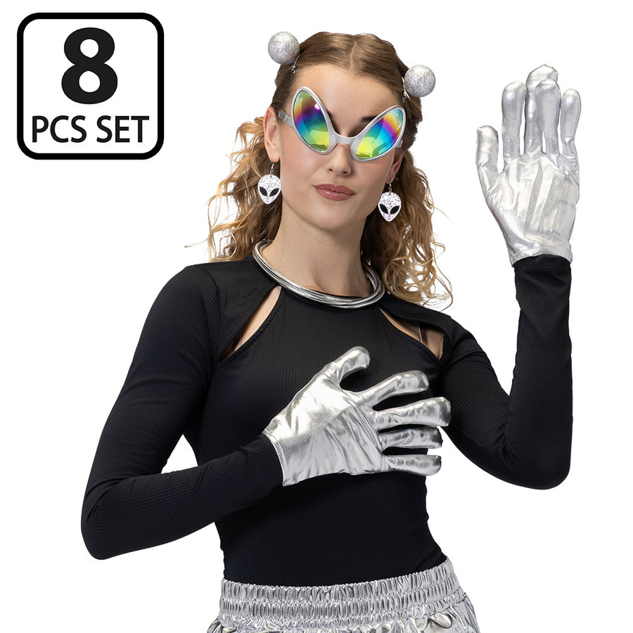 Boland set Galactic alien (partybril, ketting, handschoenen, oorbellen en haarclips)