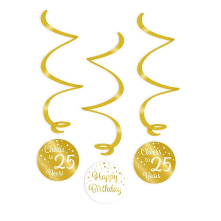 25 Jahre Swirl-Girlanden – 3 Stück – Gold und Weiß