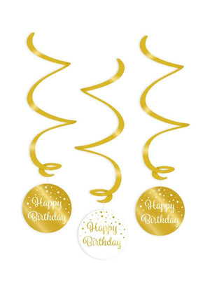 Happy Birthday Swirl Luftschlangen – 3 Stück – Gold und Weiß