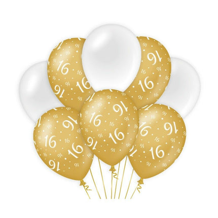 16 jaar Ballonnen - goud en wit - 8 stuks