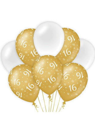 16 Years Balloons - Gold and White - Pack of 8