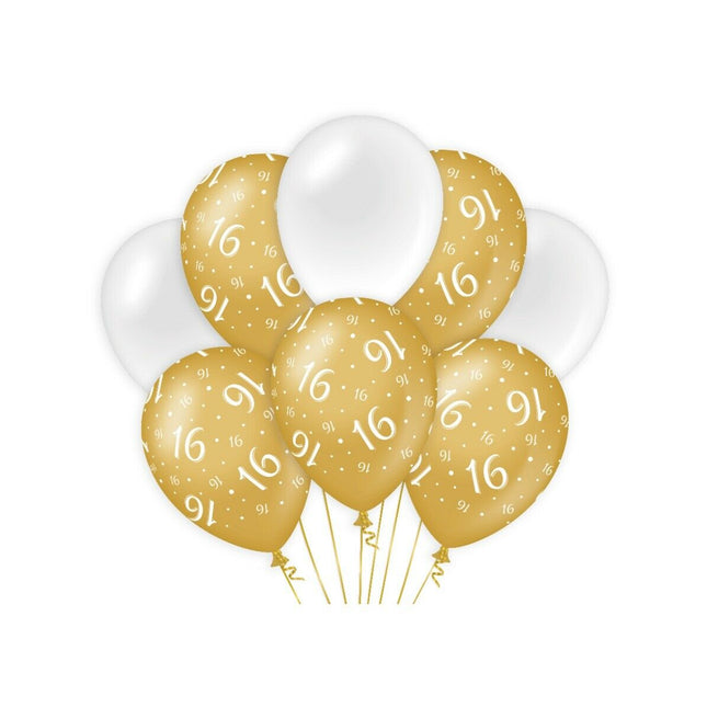16 jaar Ballonnen - goud en wit - 8 stuks