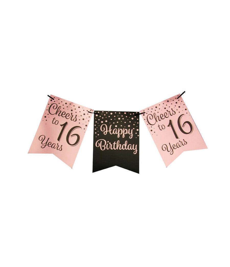 16 jaar Vlaggenlijn / slinger - 6 meter - roze en zwart vlaggetjes