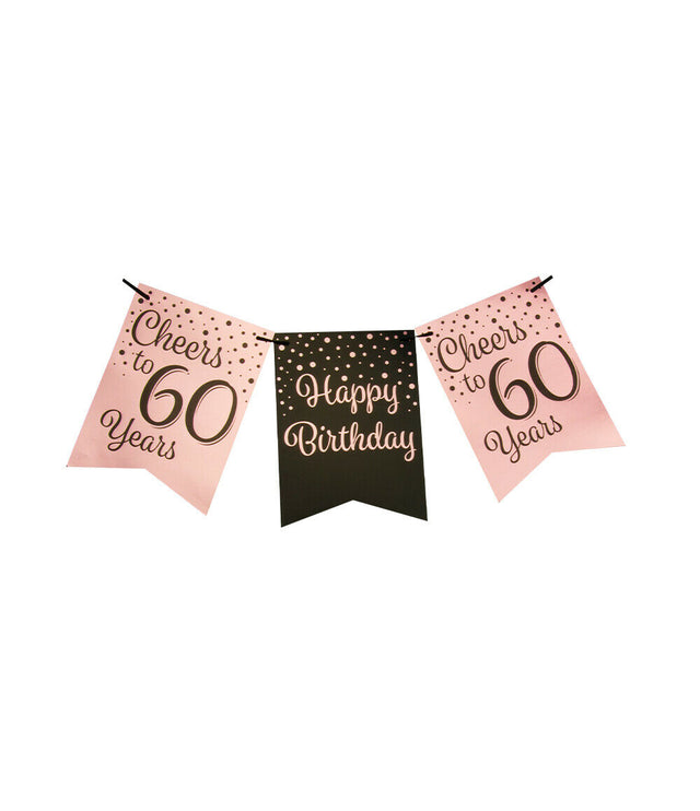 60 jaar Vlaggenlijn / slinger - 6 meter - roze en zwart vlaggetjes