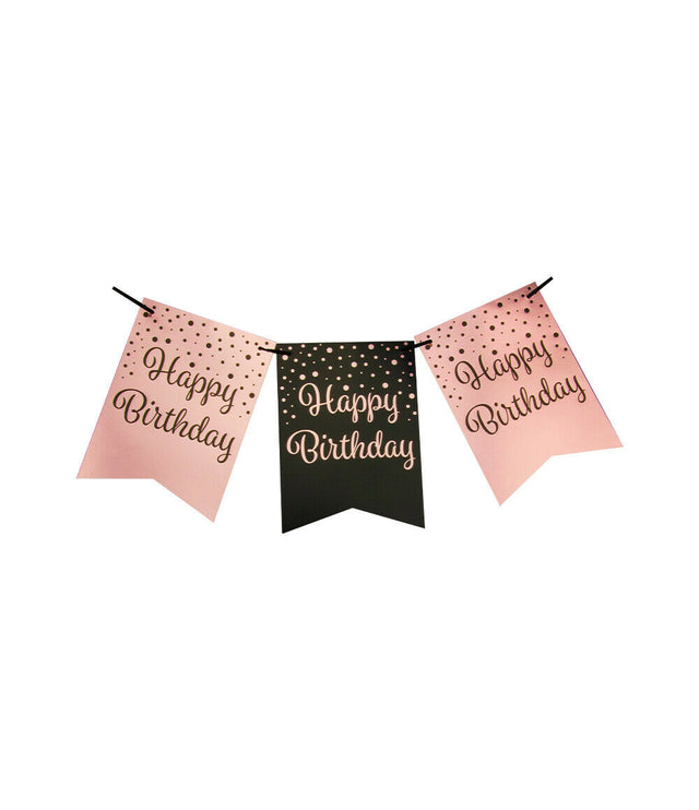 Happy birthday Vlaggenlijn / slinger - 6 meter - roze en zwart vlaggetjes