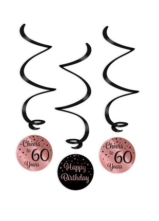 60 Years Swirl Garlands - Pack of 3 - Pink and Black