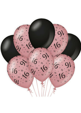 16 Years Balloons - Pack of 8 - Pink and Black