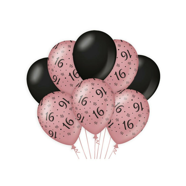 16 jaar Ballonnen - 8 stuks - rosé en zwart