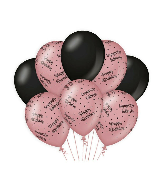 Happy birthday Ballonnen - 8 stuks - 30 cm - rosé en zwart