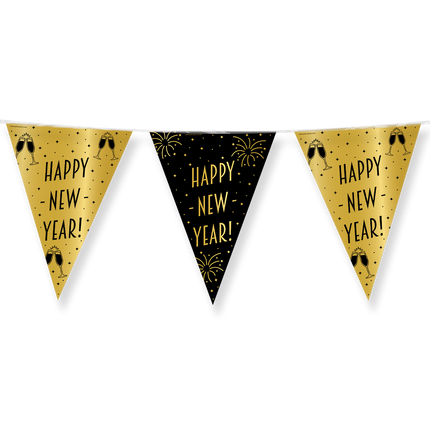 Happy New Year Vlaggenlijn - 10 meter - goud en zwart - Classy