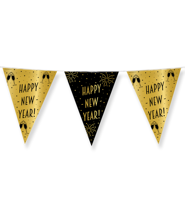 Happy New Year Vlaggenlijn - 10 meter - goud en zwart - Classy