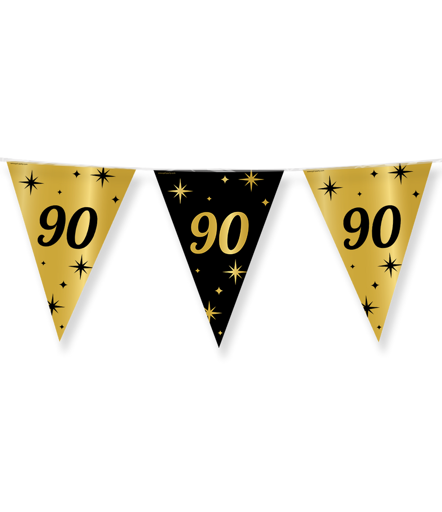 90 jaar Vlaggenlijn / slinger - 10 meter - goud en zwart - Classy vlaggetjes