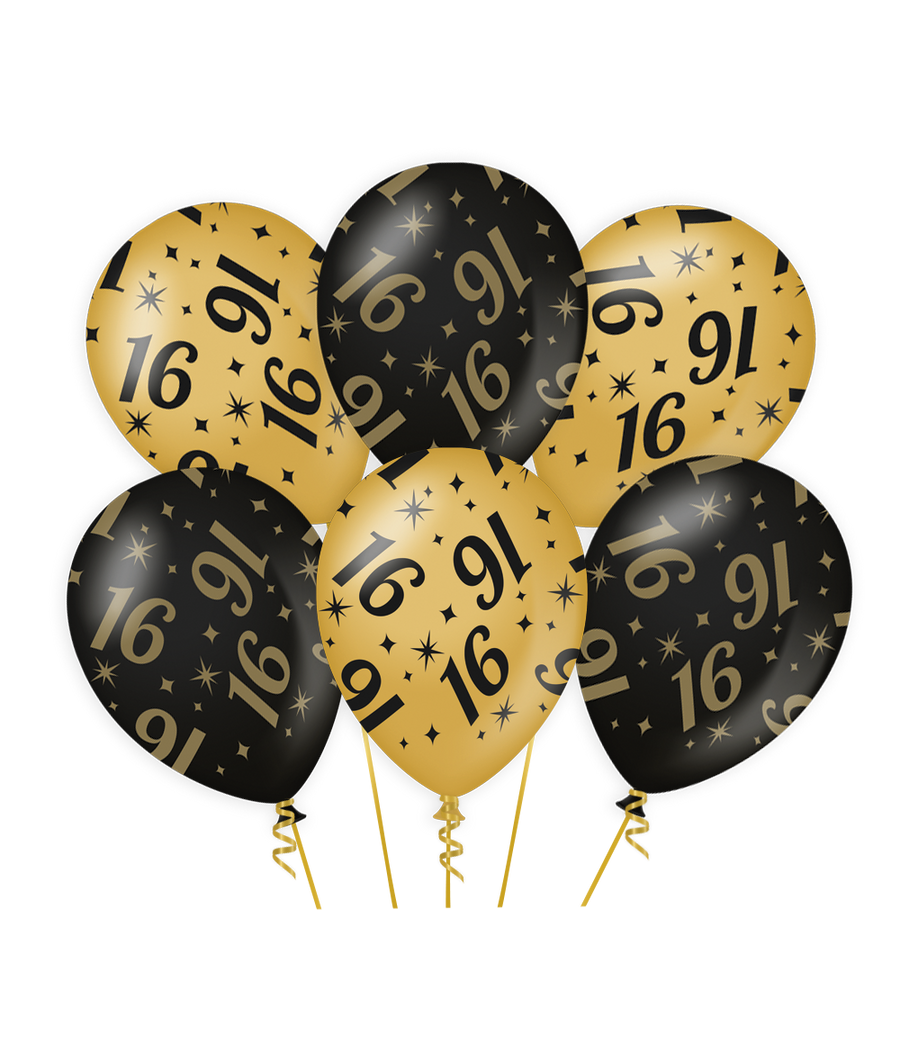 16 jaar Ballonnen - 6 stuks - 30 cm - goud en zwart - Classy