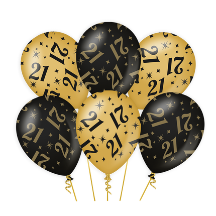 21 jaar Ballonnen - 6 stuks - 30 cm - goud en zwart - Classy