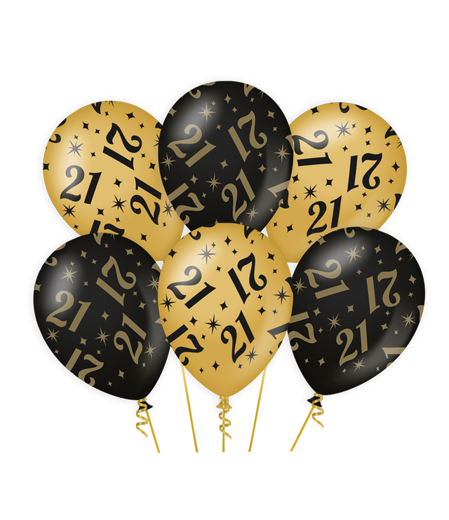 21 jaar Ballonnen - 6 stuks - 30 cm - goud en zwart - Classy