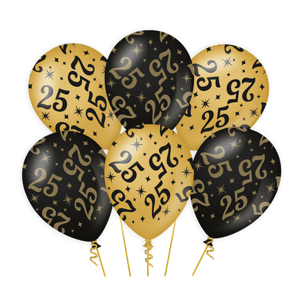 25 jaar Ballonnen - 6 stuks - 30 cm - goud en zwart - Classy