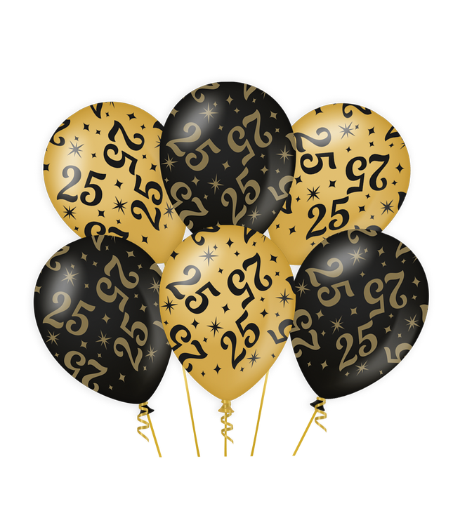 25 jaar Ballonnen - 6 stuks - 30 cm - goud en zwart - Classy