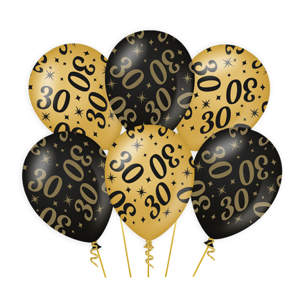 30 jaar Ballonnen - 6 stuks - 30 cm - goud en zwart - Classy