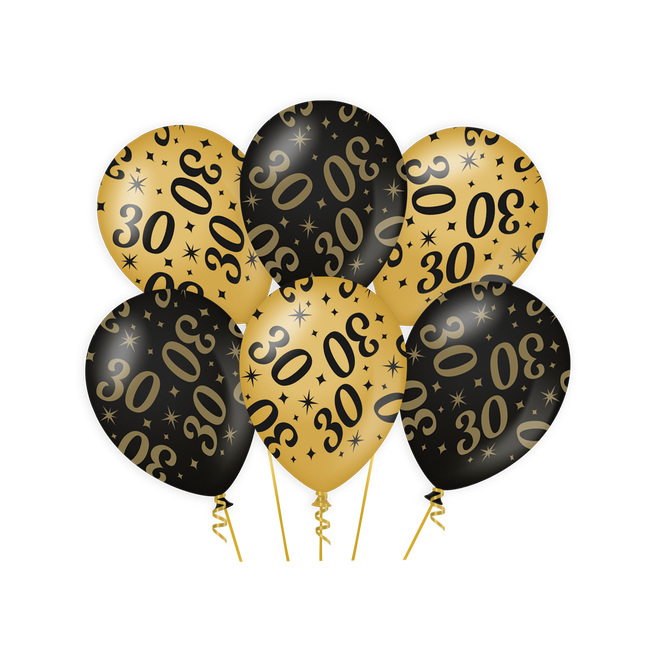 30 jaar Ballonnen - 6 stuks - 30 cm - goud en zwart - Classy
