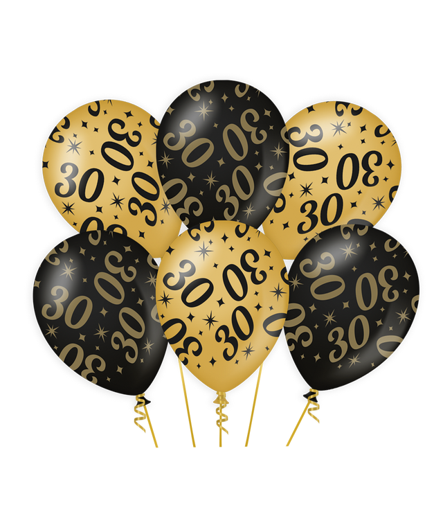 30 jaar Ballonnen - 6 stuks - 30 cm - goud en zwart - Classy