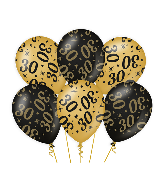 30 jaar Ballonnen - 6 stuks - 30 cm - goud en zwart - Classy