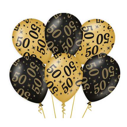50 jaar Ballonnen - 6 stuks - 30 cm - goud en zwart - Classy