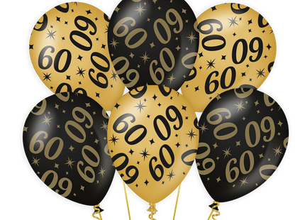 60 jaar Ballonnen - 6 stuks - 30 cm - goud en zwart - Classy