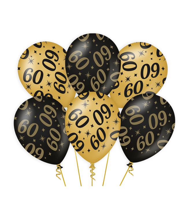 60 jaar Ballonnen - 6 stuks - 30 cm - goud en zwart - Classy