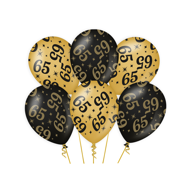 65 jaar Ballonnen - 6 stuks - 30 cm - goud en zwart - Classy