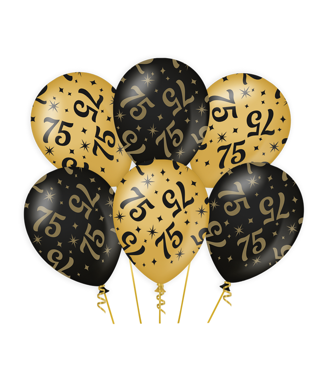 75 jaar Ballonnen - 6 stuks - 30 cm - goud en zwart - Classy