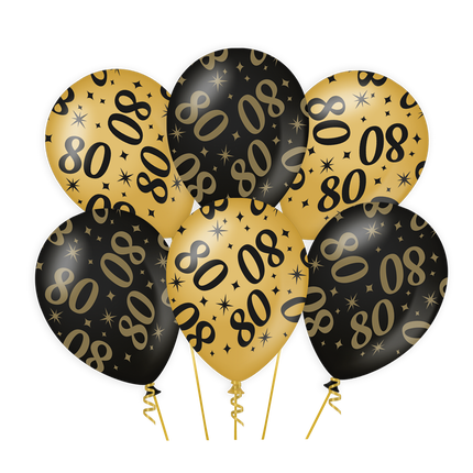 80 jaar Ballonnen - 6 stuks - 30 cm - goud en zwart - Classy