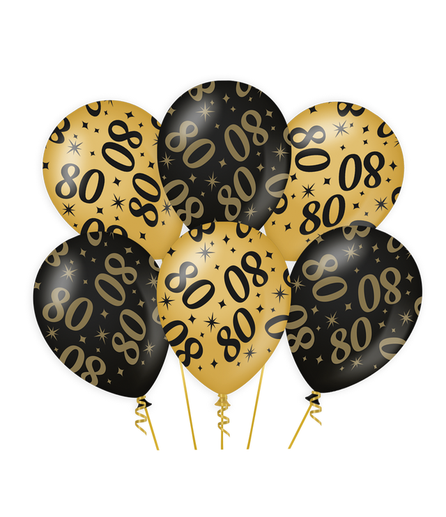 80 jaar Ballonnen - 6 stuks - 30 cm - goud en zwart - Classy