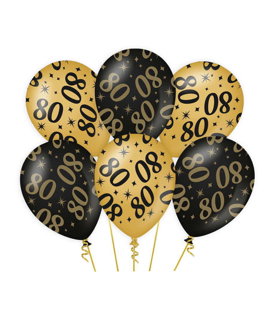 80 jaar Ballonnen - 6 stuks - 30 cm - goud en zwart - Classy