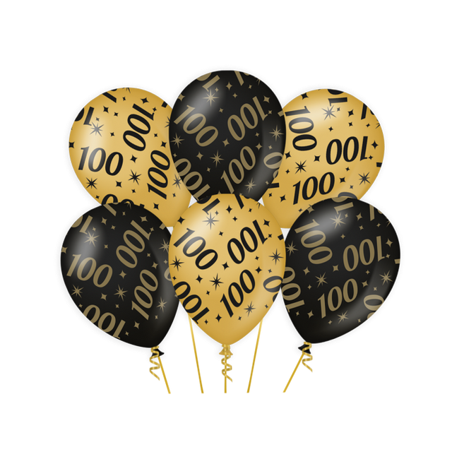 100 jaar Ballonnen - 6 stuks - 30 cm - goud en zwart