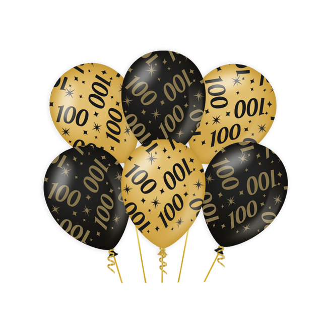 100 jaar Ballonnen - 6 stuks - 30 cm - goud en zwart