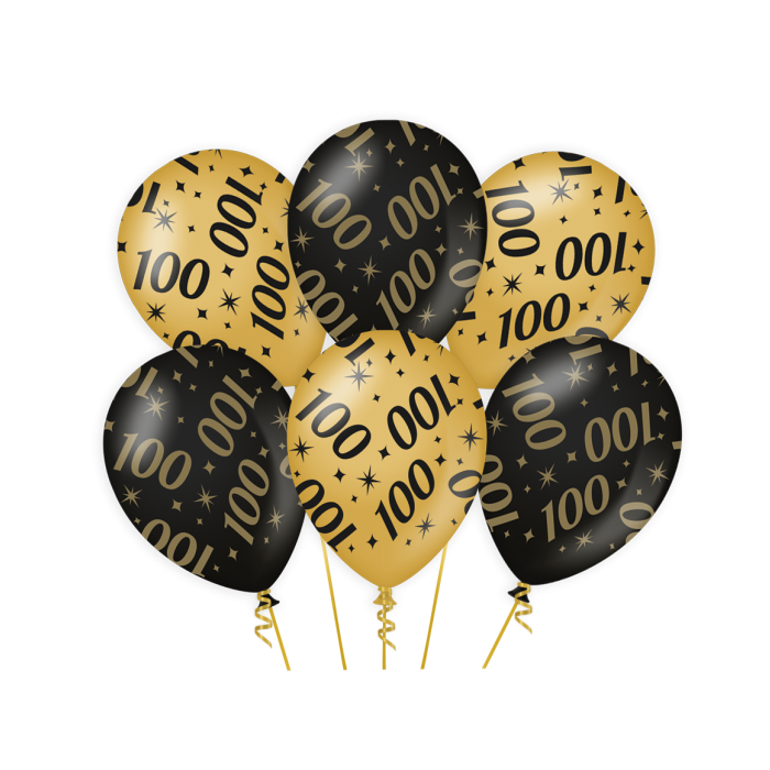 100 jaar Ballonnen - 6 stuks - 30 cm - goud en zwart