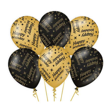 Happy birthday Ballonnen - 6 stuks - 30 cm - goud en zwart