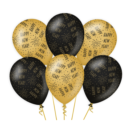 Happy New Year Ballonnen - 6 stuks - 30 cm - goud en zwart