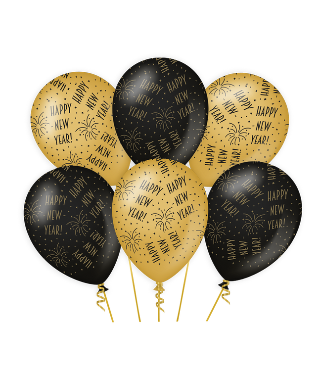 Happy New Year Ballonnen - 6 stuks - 30 cm - goud en zwart